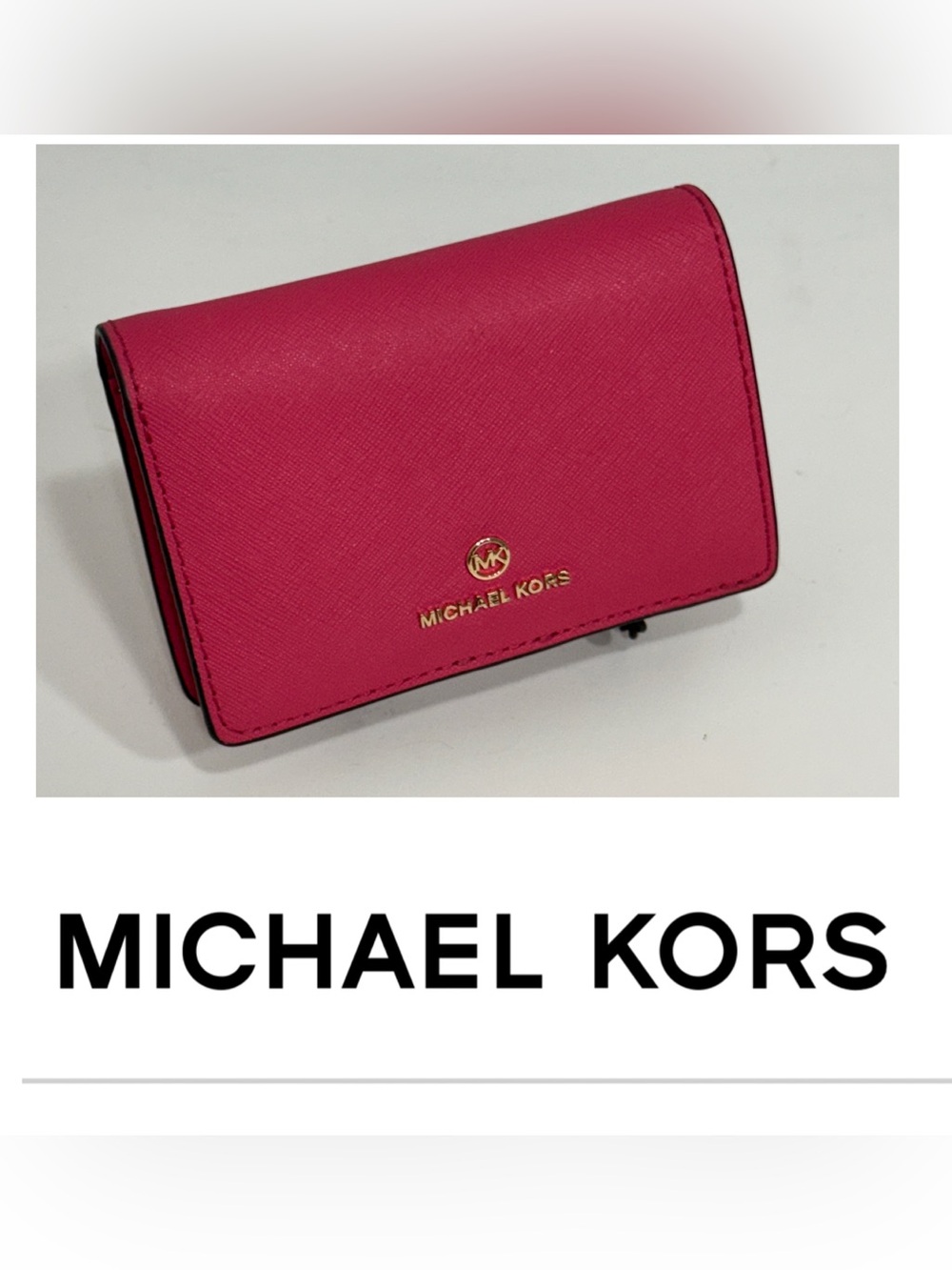 LIKE NEW! Michael Kors JetSet Travel Med Slim Saffiano Wallet in Hibiscus/Gold